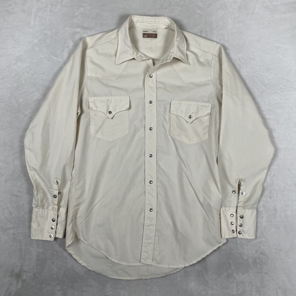 Vintage Sears Western Wear Shirt Mens Medium White Solid Western Snap Front